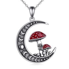 AINFQY Mushroom Moon Necklace 925 Sterling Silver Red Mushroom Pendant Necklace Moon Phase Necklaces Mushroom Jewelry Gifts (Moon Mushroom)
