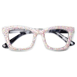 bullabulling Oprah style Bling Rhinestone Square Reading Glasses For Women Shiny Diamond Blue Light Blocking Eyeglasses Z05 (AB diamond, 1.75, x)