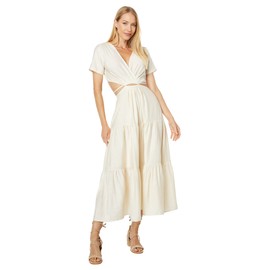 Moon River Women's Waist Cut-Out w/self String Tiered midi Dress, Cream, Medium