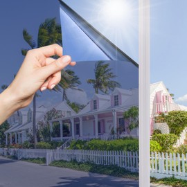 Lmlpt One Way Window Film Privacy See Out Not in Windows Tint for Home Reflective Mirror Glass Tinting Films Sun Blocking Anti UV Self-Adhesive Door Coverings Sticker Blue Silver,35.4inch X 6.56feet