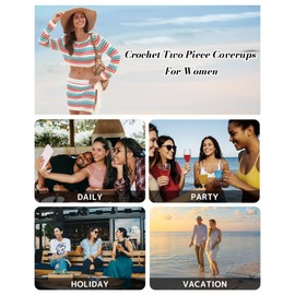 Bsubseach Crochet Coverups for Women 2025 Two Piece Swimsuit Cover Up Stripe Hollow Out Knit Skirt Set Beach Outfits Colorful S