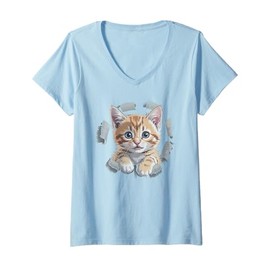 Womens Funny Orange Tabby Cat Torn Fabric V-Neck T-Shirt