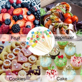 100 Pcs Strawberry Fancy Toothpicks for Appetizers, 4.7 Inch Long Bamboo Cocktail Picks, Decorative Party Food Drinks Charcuterie Fruit Kabobs Skewer Sticks