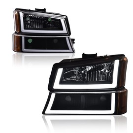 G-PLUS LED DRL Headlights, Compatible with 2003-2006 Chevy Avalanche 1500 2500/Silverado 1500 2500 3500 & HD Models Headlamp, Driver Side & Passenger Side, Smoky lens Chrome Housing Amber Reflector