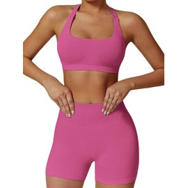 Conjuntos de entrenamiento para mujer, 2 piezas, sin costuras, brasier deportivo halter, cintura alta, pantalones cortos para ejercicio, gimnasio, yoga, Rosa encendido, S