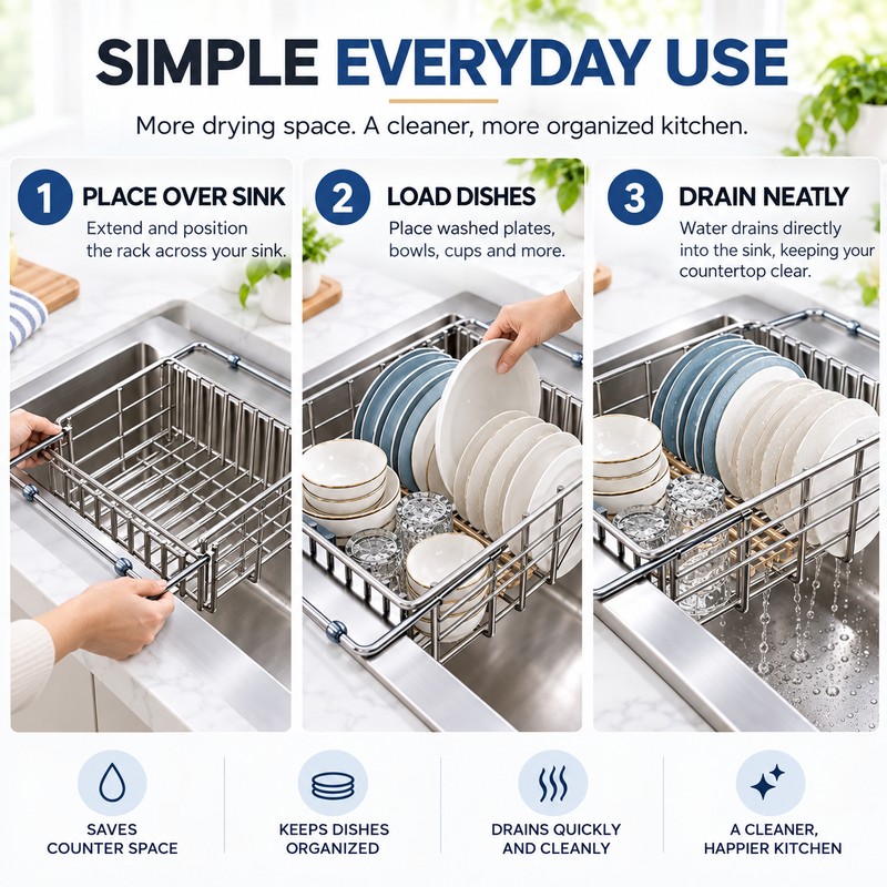 Telescopic Sink Drain Rack for Dishes – Adjustable Metal Drying