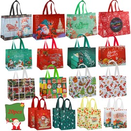 euoloar 20 Pack Christmas Gift Bags, Reusable Tote Bags with Handle, Assorted Sizes Non-Woven Christmas Treat Bags for Gifts Wrapping Shopping, Xmas Party Supplies