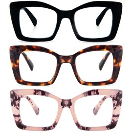 REAVEE 3 Pack Oversized Square Reading Glasses Oprah Style for Women, Blue Light Blocking Large Frame Computer Designer Fashion Readers with Spring Hinge (Black/Pink Tortoise/Tortoise,2.75)