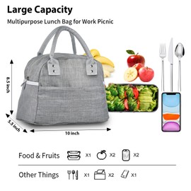 MEETOZ Lunch Bag for Women Men Insulated Reusable Lunch Box Tote Bag, Leakproof Cooler Cute Lunch Box Handbags for Office Work, Home, Picnic Beach or Travel - Grey