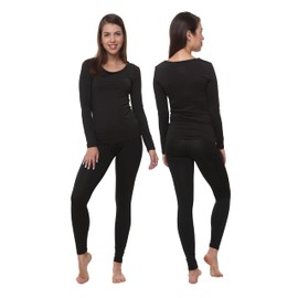 Ultra Dry Women Thermal Underwear Set; Base Layer Soft Fleece Lining Ladies 2 pc Top Shirt & Bottom Leggings Tights Long Johns(Black, XXX-Large)
