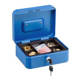Relaxdays Lockable Cash Box, Removable Insert, 5 Compartments, Iron Money Box, H x W x D: 8.5 x 20 x 17 cm, Blue