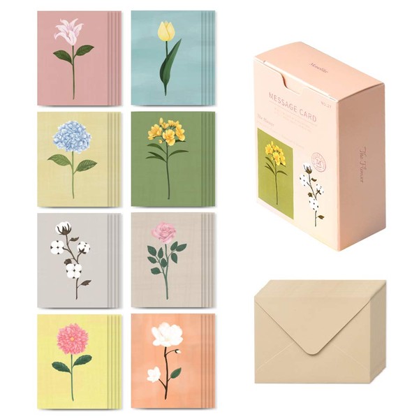 Monolike Message Cards, Mini Cardlet, The Flower Message Card, Set of 40 Cards and 20 Envelopes, Mini Size, Design Stationery, Celebration Cards