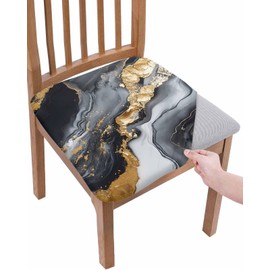 Dining Room Chair Seat Covers Set of 4 Marble Texture Removable Stretch Chair Seat Cushion Slipcovers Protector for Holiday Party Festival Decor, Abstract Gradient Gray Black Gold Line Modern Art