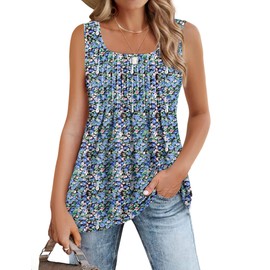 Zeagoo Women's Vests Casual Summer Cami Tank Tops Pleated Sleeveless Tank Camisole Vests Shirt Elegant Square Neck Tops Loose Fit Blouse Shirt Floral Blue XL