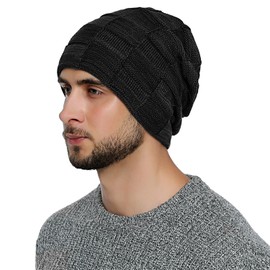 DonDon Men's Winter Long Beanie Hat with Teddy Fleece - black - grey
