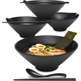 BESTonZON 4 Sets Unbreakable Japanese Style Ramen Bowl, 37oz Black Large Ramen Bowls Set with Chopsticks and Spoons, Soup Bowl, Rice Bowls, for Pho Thai Miso Udon Noodles or Asian Food, Melamine Bowls