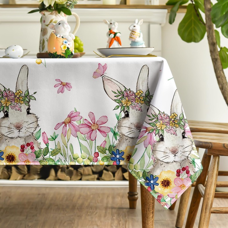 Horaldaily Easter Tablecloth 52×70 Inch, Spring Flower Bunny Washable Table