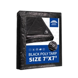 RAINDEWAY Black Tarps 7x7 Feet,UV Resistant, Multipurpose Medium Duty Waterproof Poly Tarp, Square Tent Tarp,Cover with Metal Grommets and Reinforced Edges, Finished Size