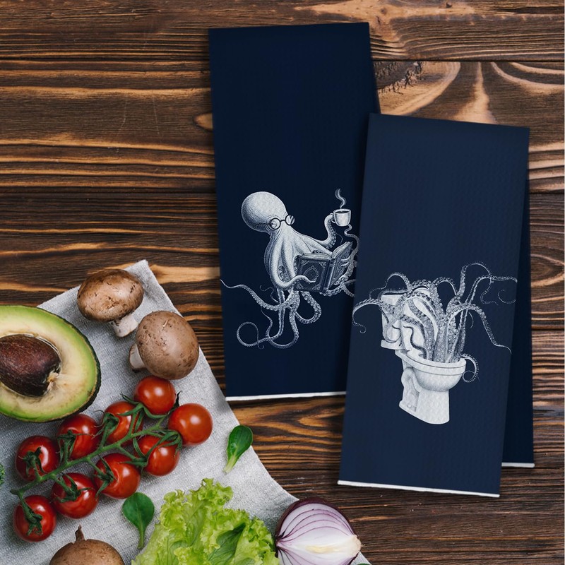 YRDBGHZDF Navy Blue Coastal Beach Octopus Hand Towels, Octopus Bathroom