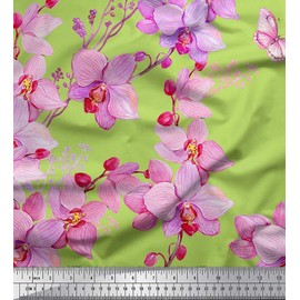 Soimoi Green Viscose Chiffon Fabric Bird & Orchids Flower Print Fabric by Yard 42 Inch Wide