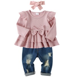 CARETOO Girls Clothes Outfits, Cute Baby Girl Floral Long Sleeve Pant Set Flower Ruffle Top