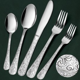 Meythway 40-Piece Vintage Carved Silverware Set for 8, Stainless Steel Flatware Set with Knife/Fork/Spoon, Cutlery Set for Home and Kitchen, Utensil Set with Dishwasher Safe