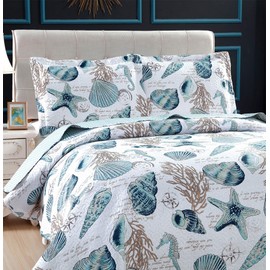 3-Piece Reversible Nautical Theme Bedspread Coverlet King(96x108 Inches),Blue-Green Seashells Coral Beach Bedding Sets,Lightweight Quilt Set Bed Cover,Coastal Bed Set for All Seasons(Cyan,King)