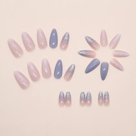BABALAL Blue Press on Nails Medium - Almond Fake Nails French Tip Acrylic Nails, Glitter Bling Design Stiletto False Nails 24Pcs Manicure Glossy Full Cover Artificial Nails for Women