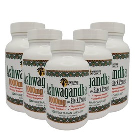 Sunshine Naturals Ashwagandha Plus Black Pepper Dietary Supplement. Supports Immune System and Energy Levels. 1000 mg. 100 Capsules. Pack of 5