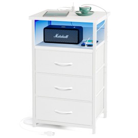 Fixwal Night Stand with Charging Station, LED Nightstand with USB Ports and Outlets, 3 Fabric Storage Drawers with PU Finish, Bed Side Table for Bedroom, Living Room, White