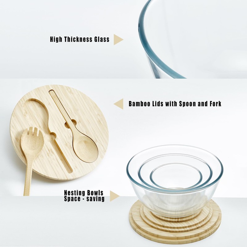 ECWAY Glass Salad Bowls with Bamboo Lids & Utensils Set