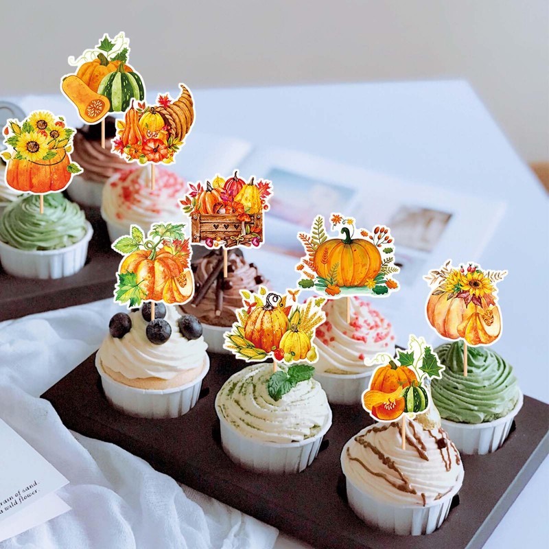 27PCS Pumpkin Cupcake Toppers, Harvest Pumpkin Cake Toppers, Rustic Autumn