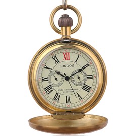 Mens Vintage Antique Copper London Pocket Watch Gold Steel Mechanical Men Watch with Chain