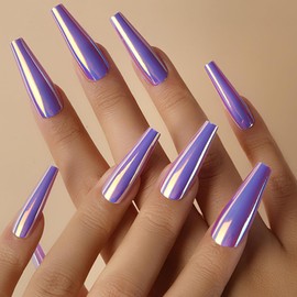 ROFIBUT Chrome Press on Nails Purple Fluorescent Coffin False Nails Laser Mirror Metallic Long Ballerina Glue on Nails Holographic Solid Color Full Cover Stick on Nail for Women Girls Nail Decor 24Pcs