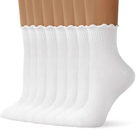 ANDERE ARTE Womens Ruffle Socks, Frilly Ankle Socks, Soft Cute Crew Socks, Breathable Lettuce Edge Socks for Women 8 Pack-8 White