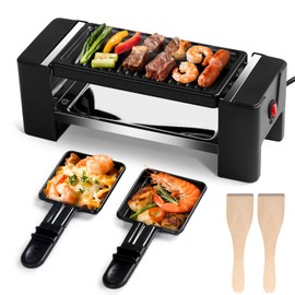 Electric Griddle Indoor Grill Small Korean BBQ Grill, Mini Electric Grill Outdoor with 2 Raclette Cheese Pan for Indoor Cooking Non-Stick Removable Plate, 350W Black Ideal for Home Apartment Cooking
