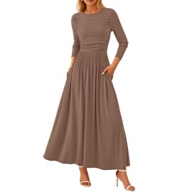 PRETTYGARDEN Women's 2025 Fashion Trendy Fall Long Sleeve Dresses Ruched Flowy Elegant Modest Boho Casual Beach Maxi Dress (Khaki,X-Large)