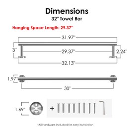 FORIOUS Towel Bar Wall Mounted, Stainless Steel Towel Racks for Bathroom, Includes Wall Mounting Hardware (Brushed Nickel, 32 Inch)