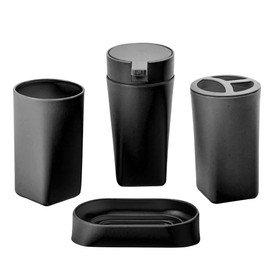 FSY FASILYT Juego 4 Accesorios de Baño | Set Organizador | Dispensador de Jabón Elegante | Jabonera | Cesto de Basura Práctico | Vaso Multiuso | Kit de Baño Moderno| (Negro)