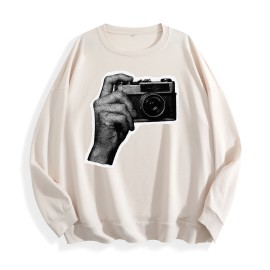 Retro Camera Hand Graphic Crewneck Sweatshirt, US Warehouse, 6 ColorsSize: L, Color: Ivory