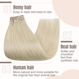 Fshine Clip Extensions, Platinum Blonde, 50 cm, 7 Pieces, 120 g, Real Hair Clips Extensions, Double Wefts, Remy Extension Hair, Straight Human Hair Extensions