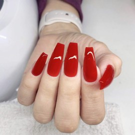Allereya Long Coffin Print On Nails Red Neon Fake Nails Shiny Ballerina Nails Full Cover Acrylic Nails French Clip On Nails Tips for Women and Girls Pack of 24 (Red)
