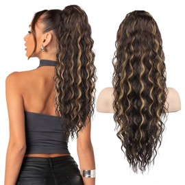 SEIKEA 24" Highlight Ponytail Extension Claw, PT002 Tia Long Multi Layered Fluffy Thick Wavy Jaw Clip in Fake Pony Tails Fake Hair Soft Natural Synthetic Hairpiece Chocolate Brown/Caramel Blonde
