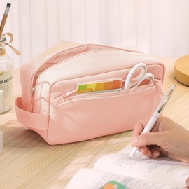 Pencil Case with Large Capacity Pencil Case 3 Compartments for Boys Girls Portable Pencil Case School for Students Adults Women School & Office Makeup, pink, Cosmetic bag