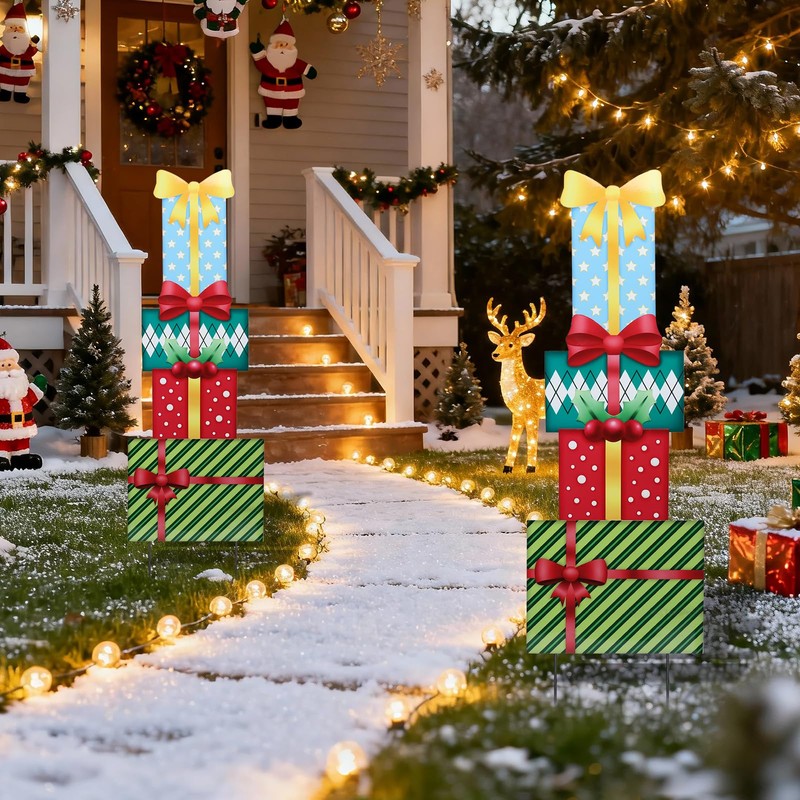 Christmas Outdoor Decor Stake,41.5" Metal Xmas Box Yard Sign,4 Pack