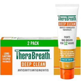 TheraBreath Pasta de dientes Deep Clean, mata el 99.9% de los gérmenes que causan el mal aliento, gingivitis y placa (1), blanqueamiento dental suave 
