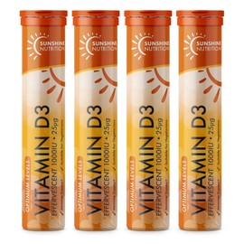 Sunshine Nutrition Vitamin D Effervescent Tablets - Dissolvable High Strength Vitamin D3-20 Vitamins Per Tube (4 Pack)