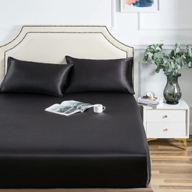 Damier Satin Fitted Sheet 160 x 200 cm Black Silk Shiny Fitted Sheet High-Quality Satin Deluxe Bed Sheet Suitable for Mattresses up to 25 cm