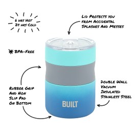BUILT - Taza de acero inoxidable sellada al aspiradora de doble pared de 12 onzas, tapa Tritan fácil de limpiar con protector deslizante contra salpicaduras, color azul degradado
