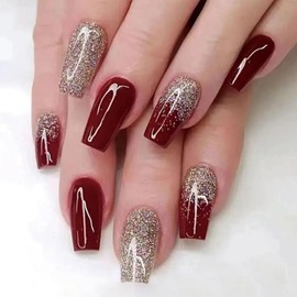 SINHOT Red Press on Nails - Medium Coffin Glossy Glue on Acrylic Gold Glitter Ballerina Artificial Stick on False Nails with Design - 24 pcs